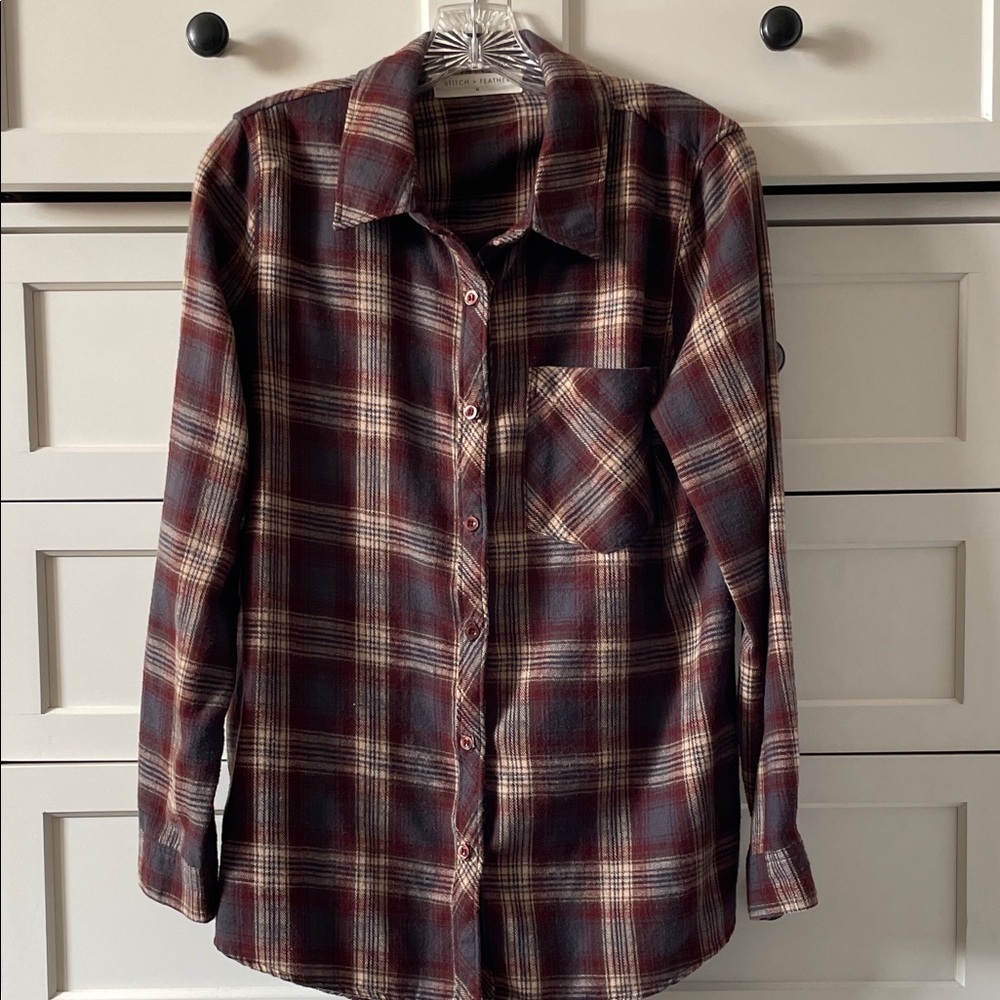 Stitch&Feather Plaid Oversized Cozy Fall Flannel Button Down Shirt Red/Blue - M